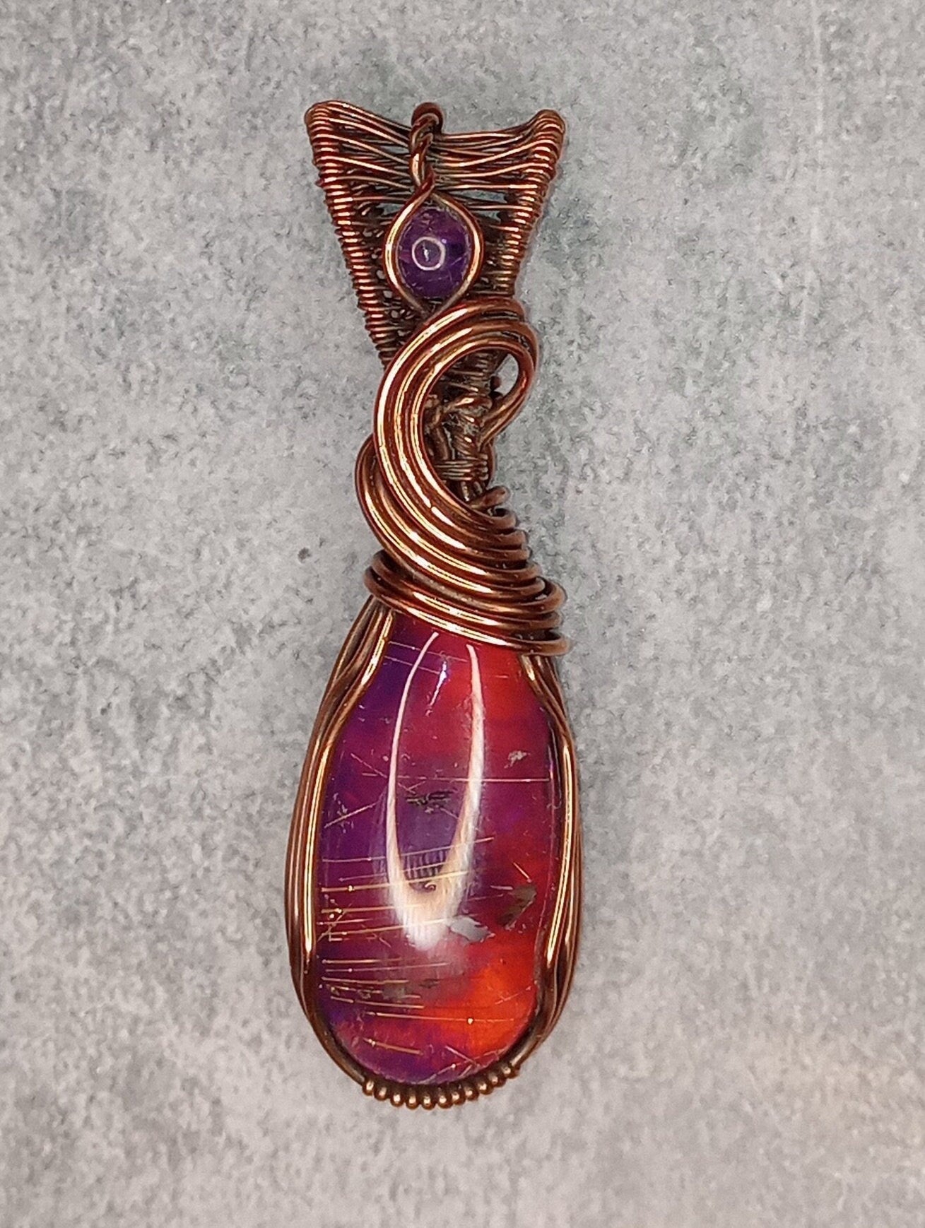 Aurora Opal & Amethyst Pendant | Copper - Wire Wrapped Handmade Jewelry | Boho, Statement